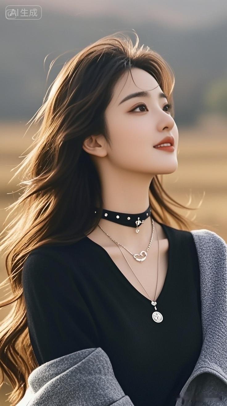 温柔风中，黑衣少女，颈间轻饰，悠然自得。