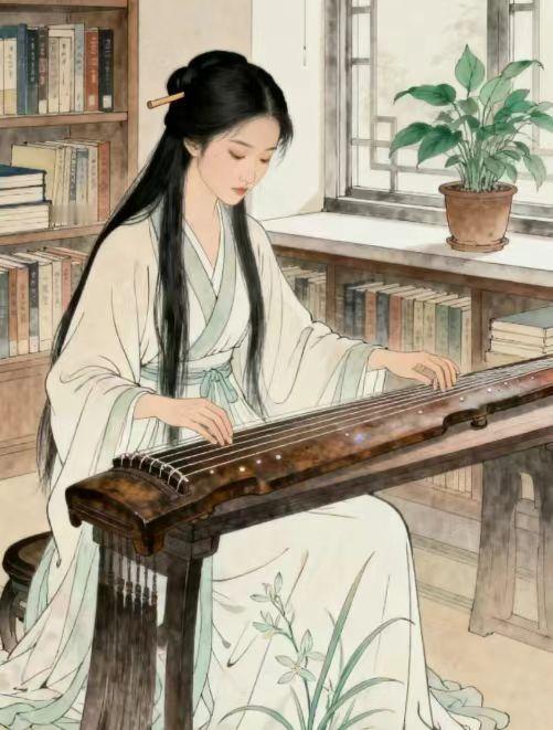 水仙子·书斋抚琴
窗旁书香绕琴弦，
指上流音化缕烟。
青丝漫绾簪轻木，
白衫飘拂