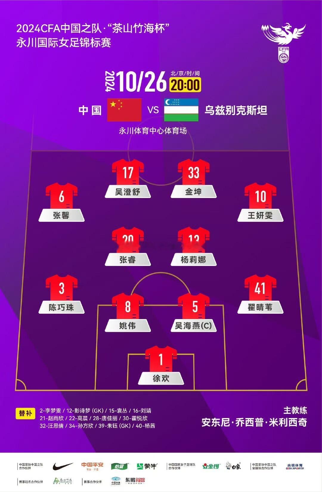 #中国女足[超话]#  中国女足vs乌兹别克斯坦女足 首发名单 ​​​