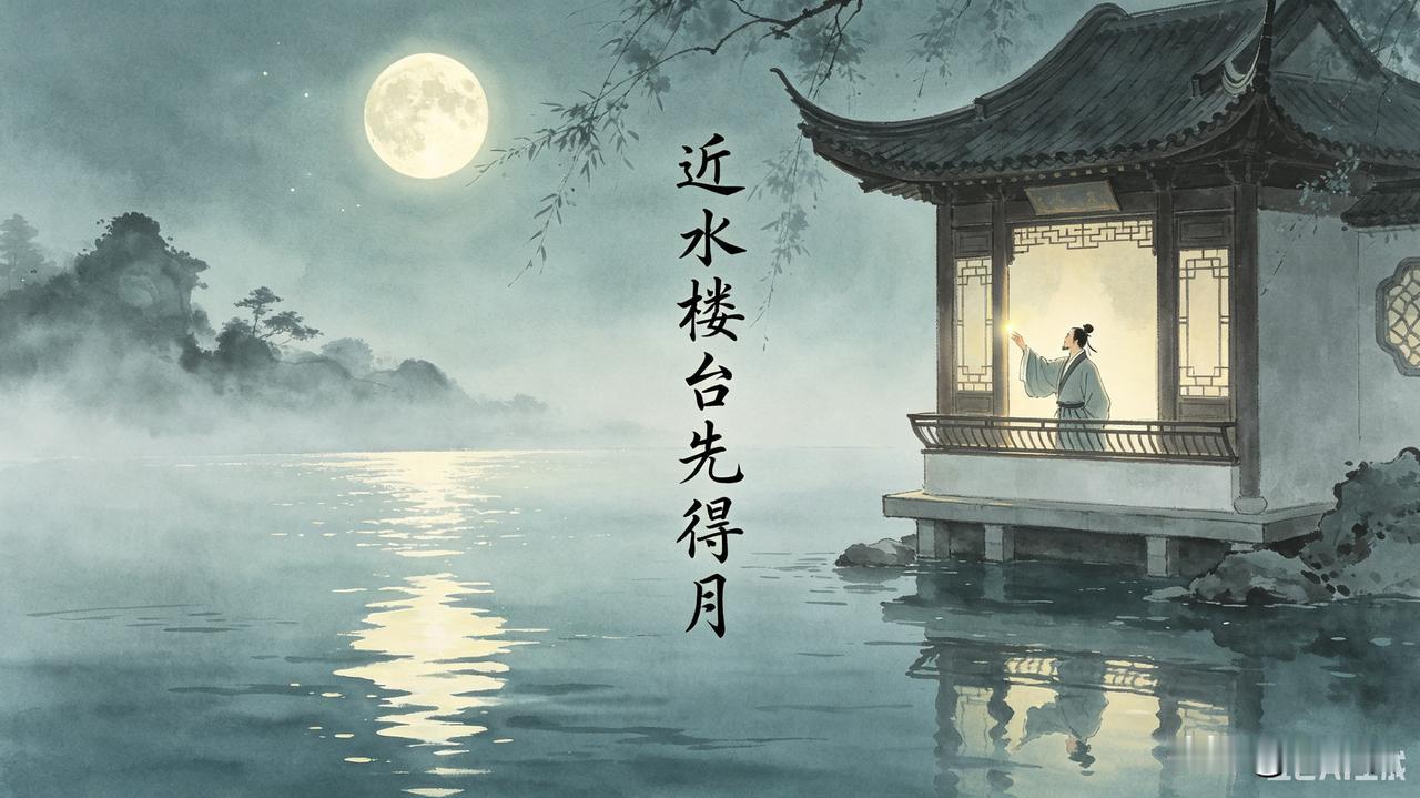 上联：近水楼台先得月
下联：向阳花木易逢春
