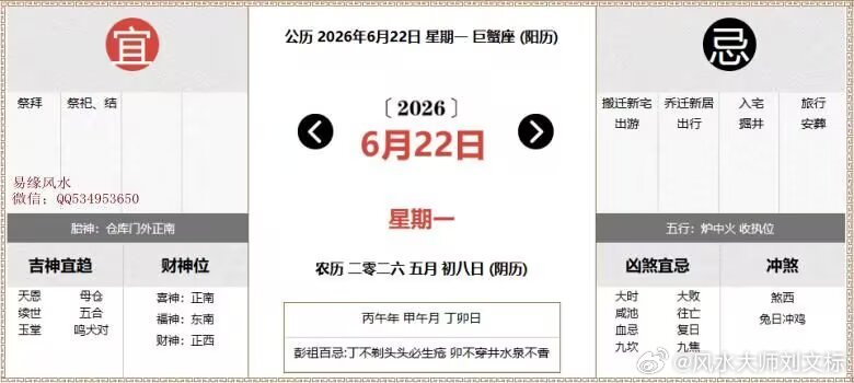 每日通胜：2026年6月22日黄历公历：2026年6月22日 星期一农历：二零二