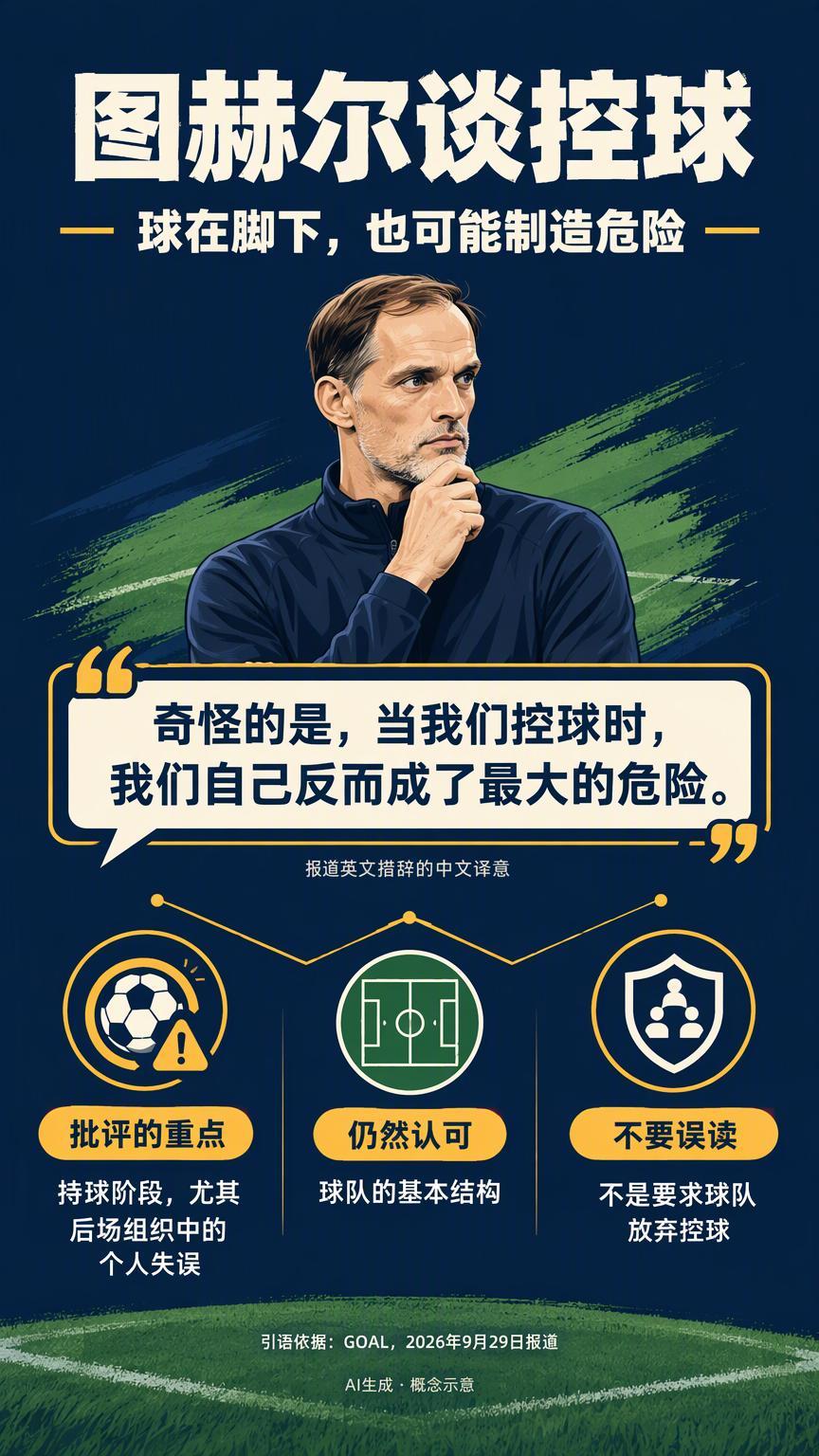 图赫尔谈控球：球在脚下，也可能给自己制造危险球在自己脚下，总比追着对手跑安心？图
