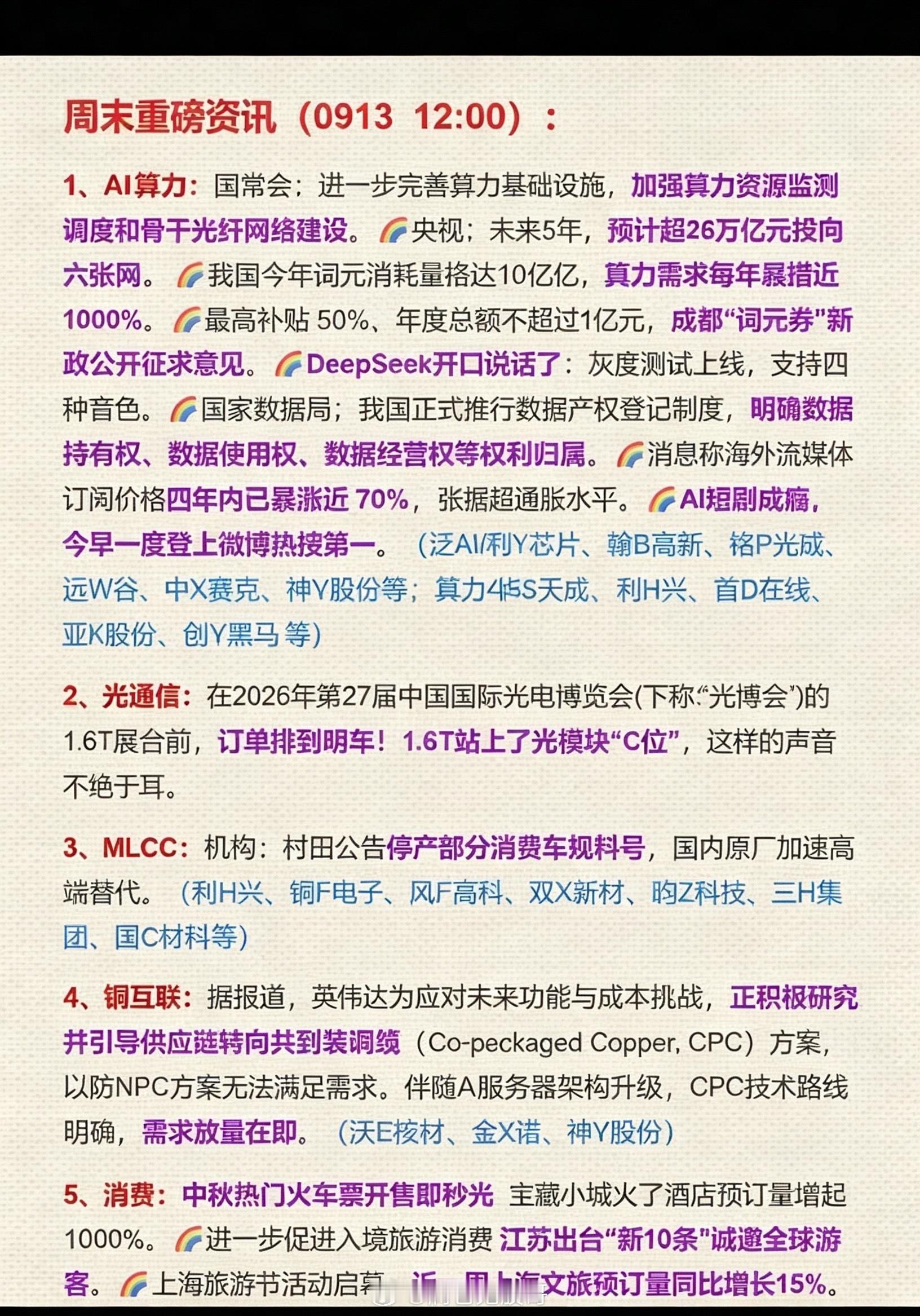 9.13周日 周末：财经要闻汇总+热点整理！周末多条产业重磅消息集中落地，AI算