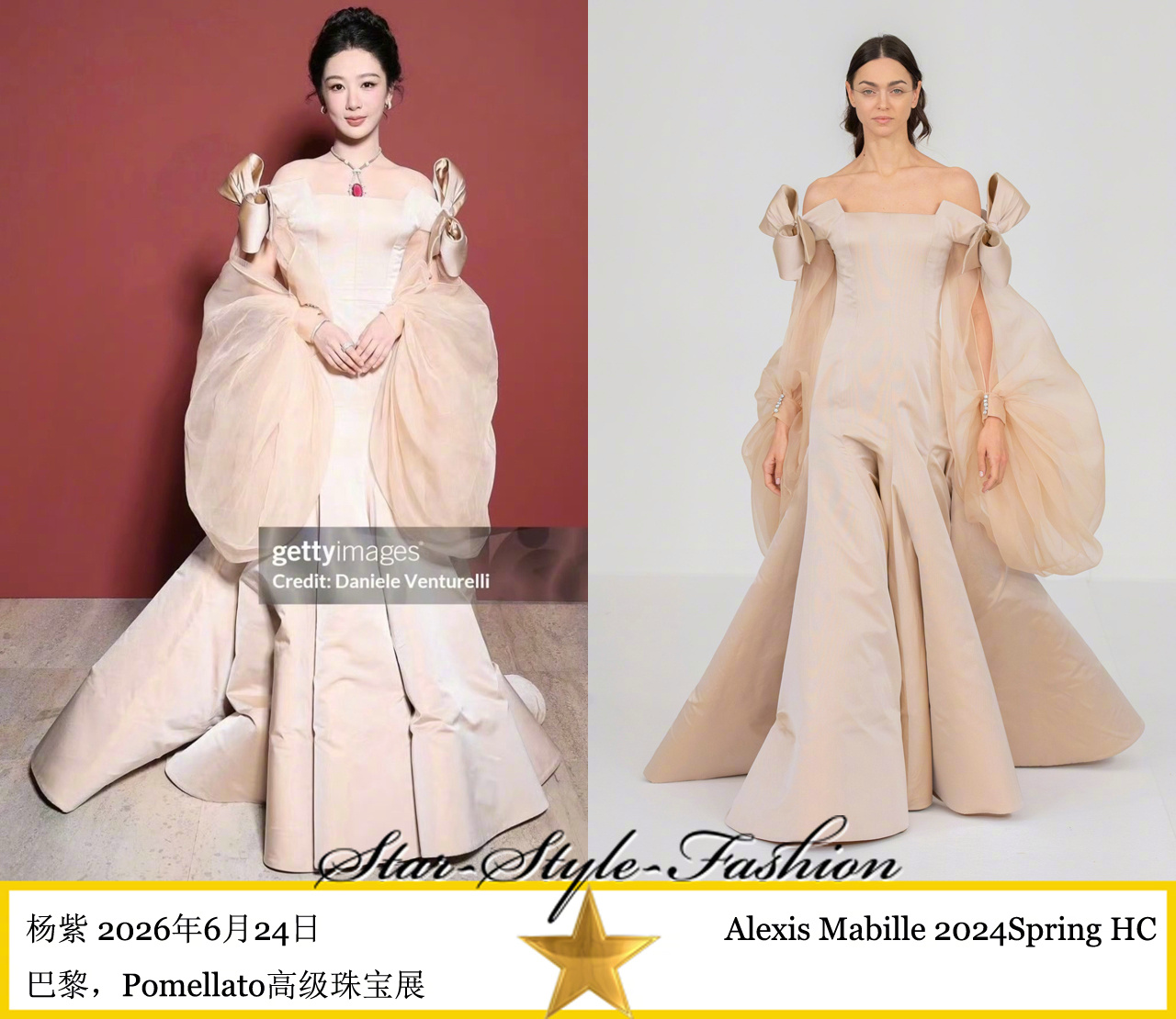 杨紫身着Alexis Mabille2024春季高级定制系列裸色切口灯笼袖抹胸连