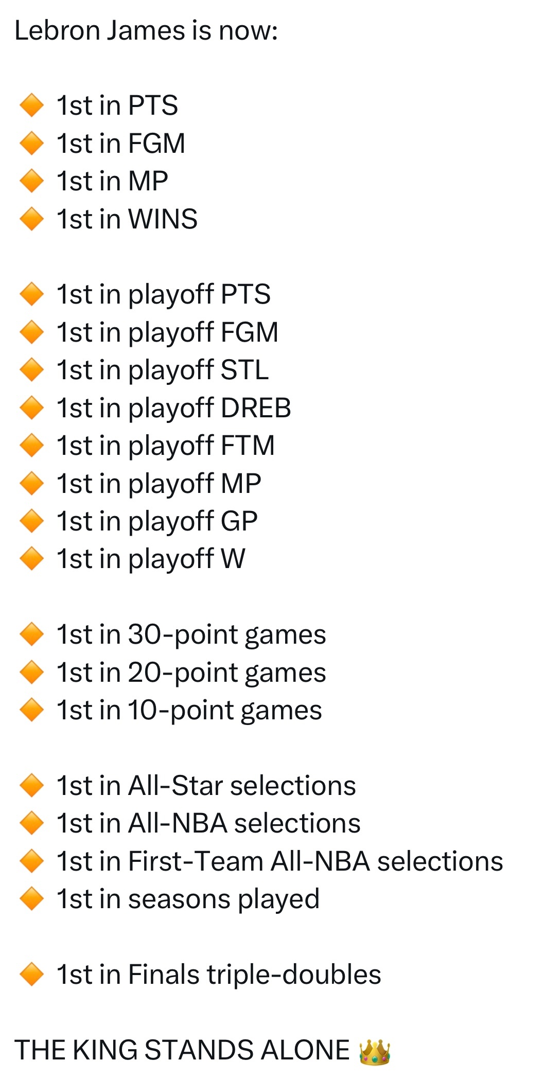 勒布朗·詹姆斯目前位列：• 历史总得分（PTS）第1• 历史总运动战进球数（FG