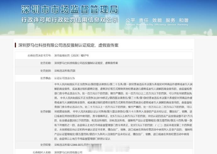 【罗马仕被罚没超124万】深圳市市场监督管理局网站显示，近日，深圳罗马仕科技有限