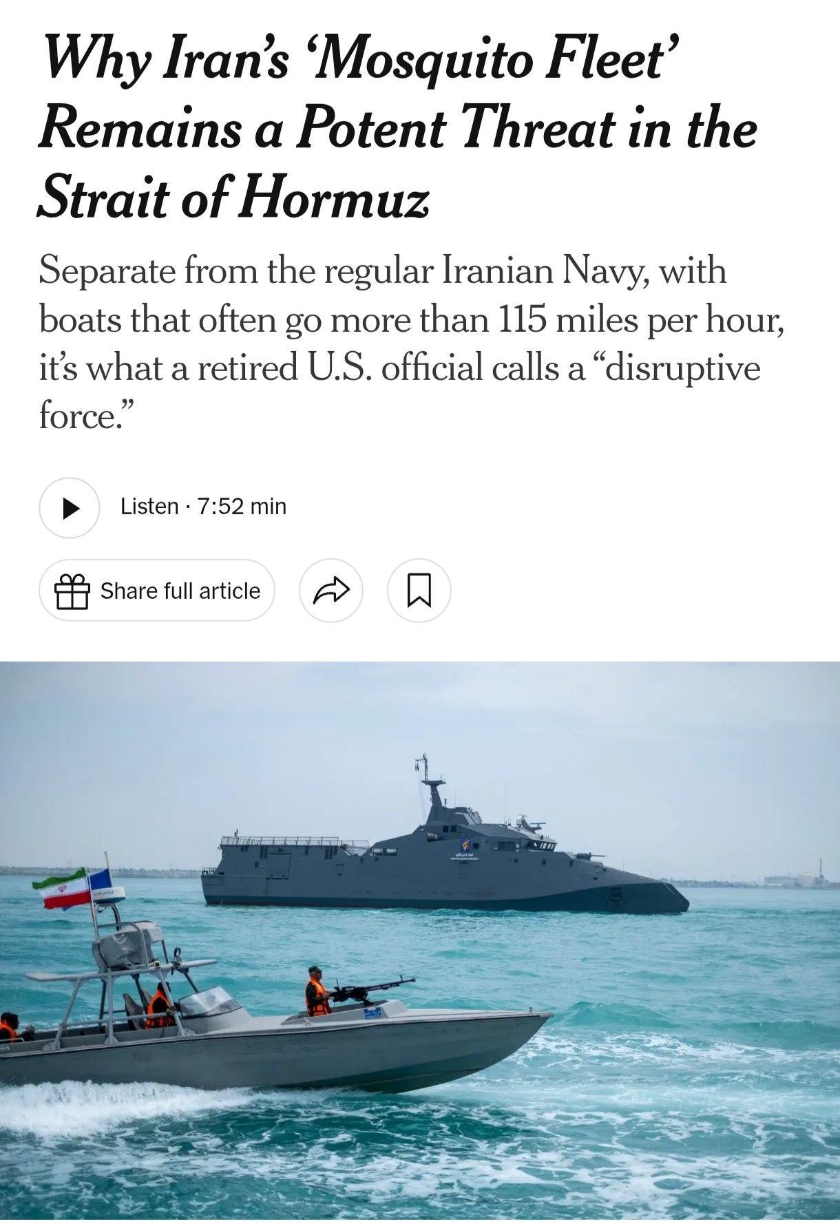 🔻纽约时报：伊朗快艇舰队被视为霍尔木兹海峡的强大威胁🔻美国海军退役将军格雷·
