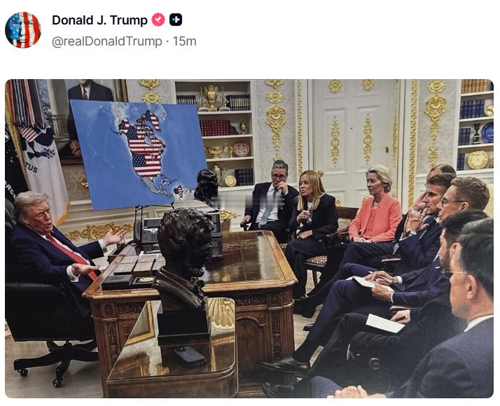 特朗普玩上AI 了 在yy占领格陵兰岛特朗普先后发了两张图，第一张是自己在美国白