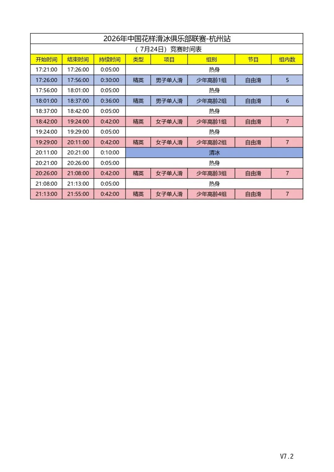 2026年中国花样滑冰俱乐部联赛杭州站 第三站赛程，少高青成三组7.24-26三
