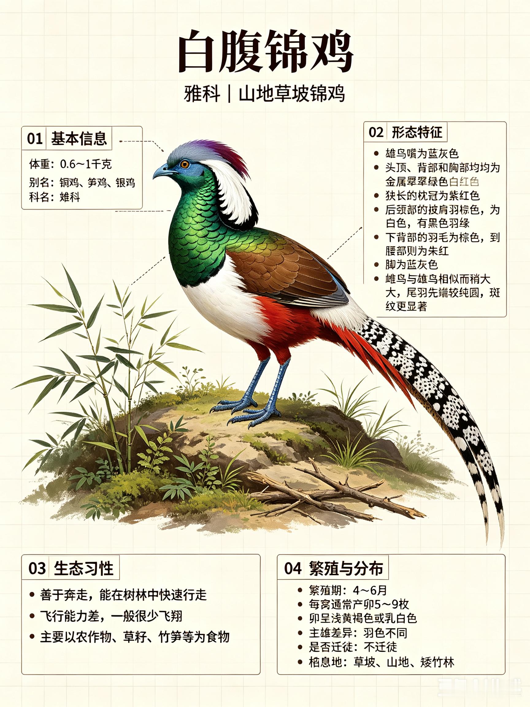 鸟类朋友图鉴 白腹锦鸡科名：雉科体重：0.6～1千克别名：铜鸡、笋鸡、银鸡白腹锦