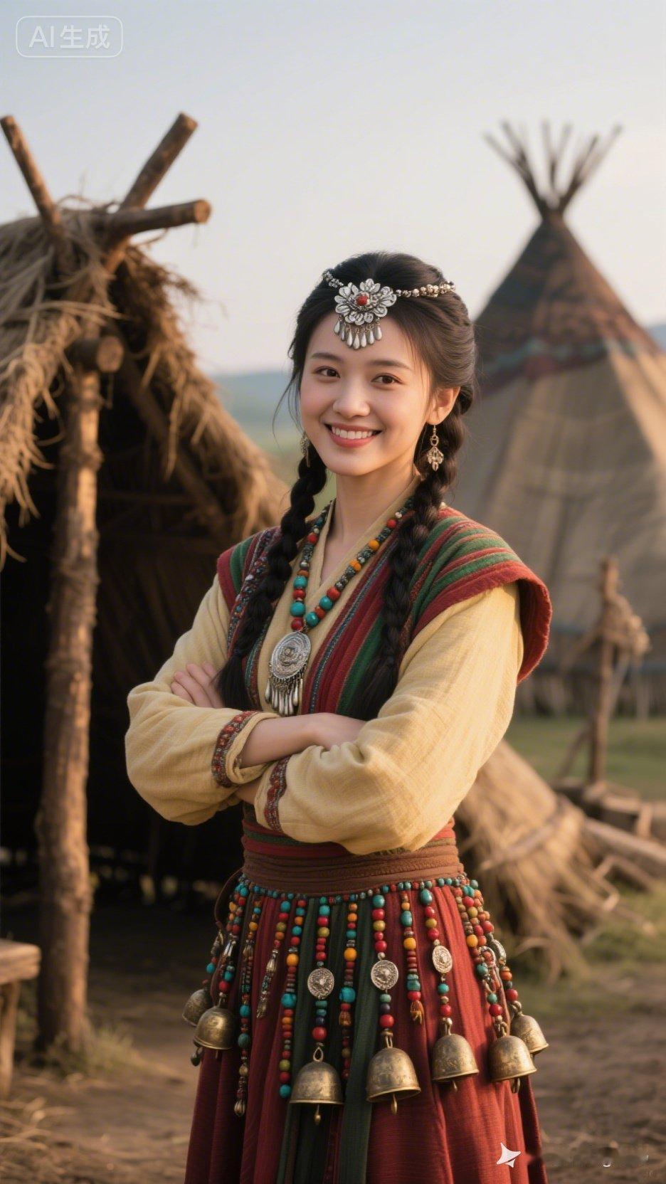 草原上的美丽姑娘，身着传统服饰，笑容灿烂！🌿💃🏻