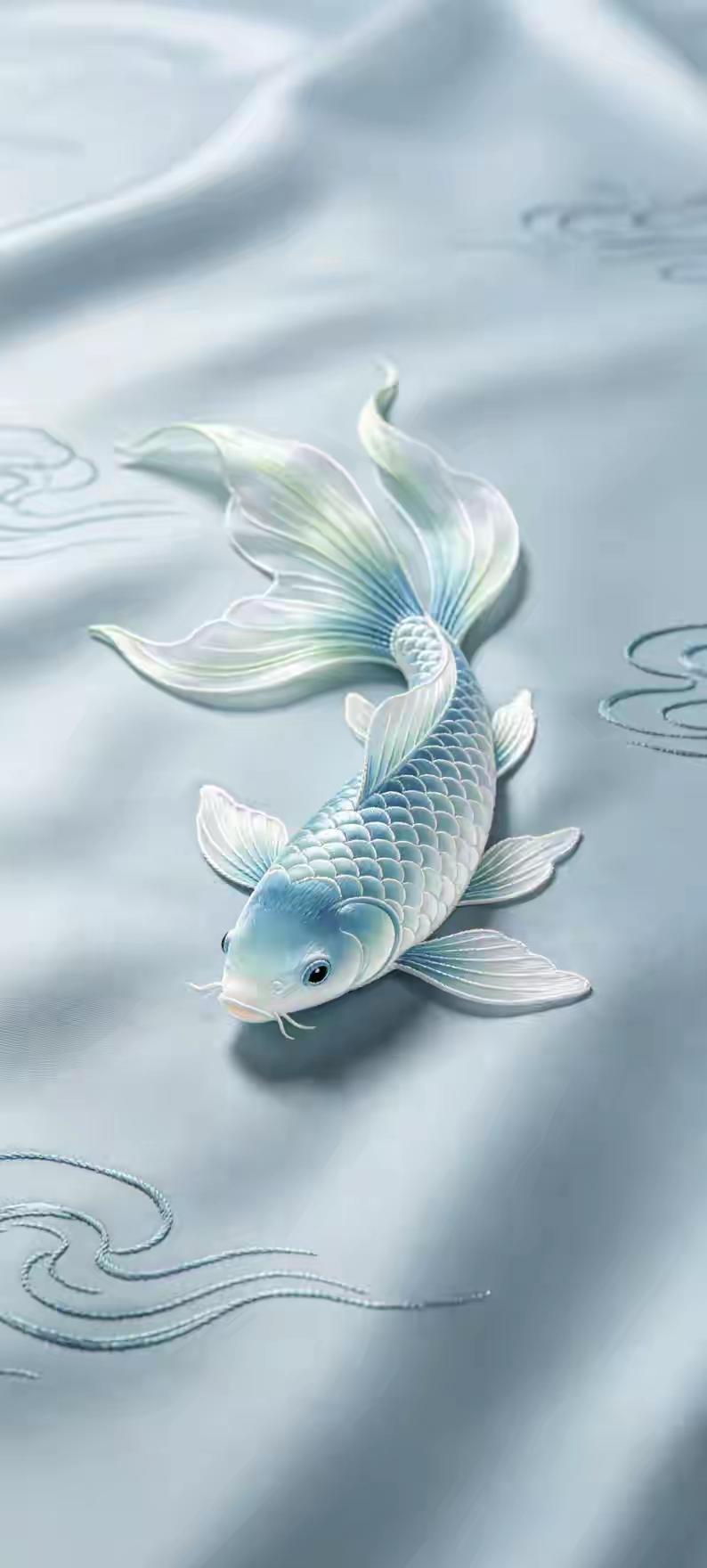 手机壁纸～锦鲤跃入柔波里，鳞片闪着梦幻光晕，仿佛游进了一场清透的蓝调美梦，治愈力