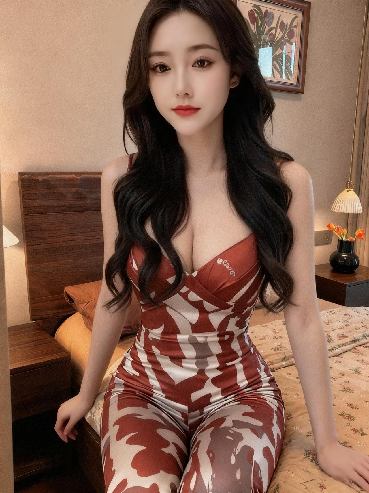 红罗玉体暗生香，卷发垂肩曳月光。
一笑倾城魂欲断，夜深犹自梦潇湘。