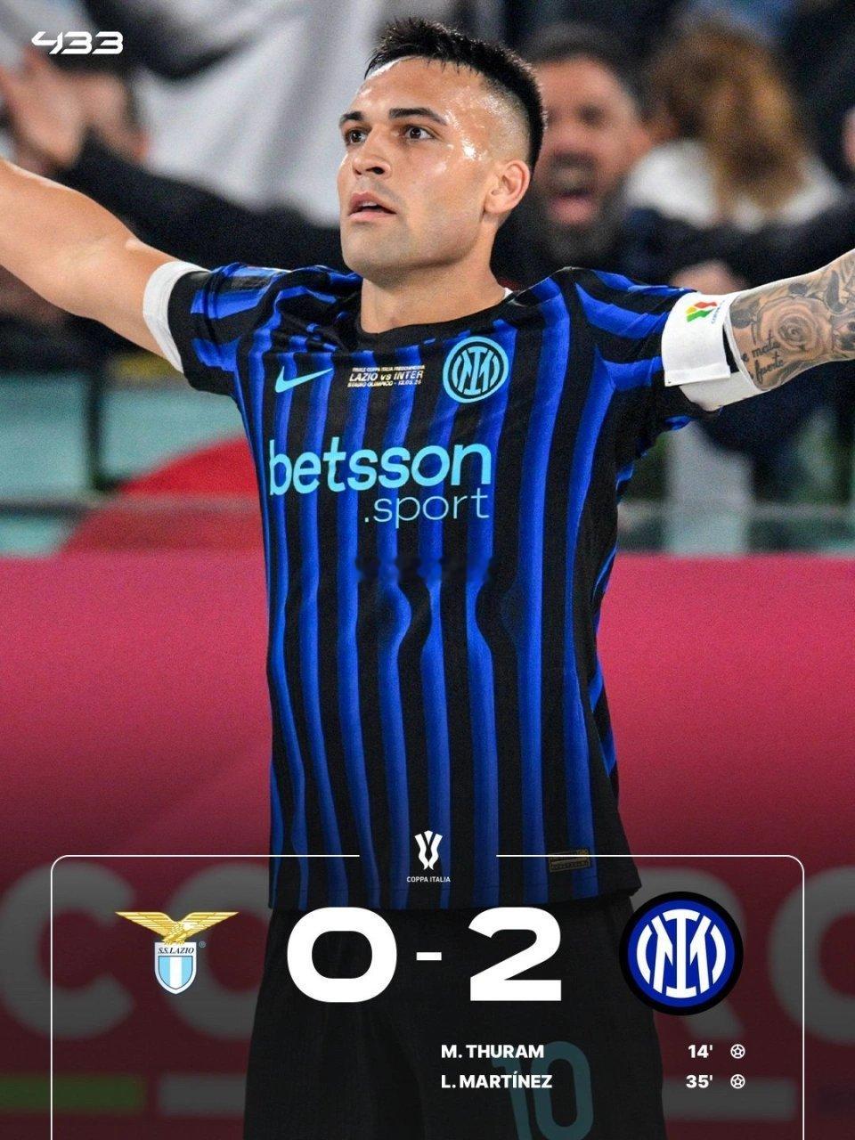 意大利杯决赛，国米2-0击败拉齐奥，夺得队史第10次意大利杯冠军，加冕意甲和意杯