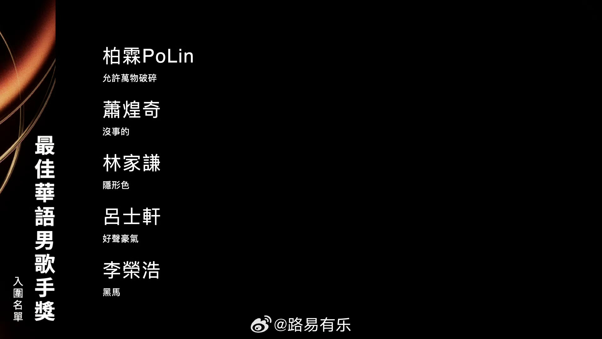 金曲奖第36届金曲奖入围名单：最佳男歌手柏霖萧煌奇林家谦吕世轩李荣浩 ​​​