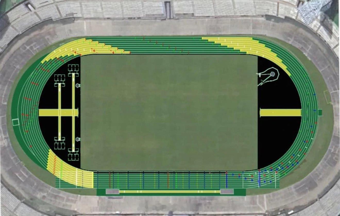 牙买加国家体育馆的塑胶跑道涂装将是国旗色。耗资35万美元，由 Rekortan 