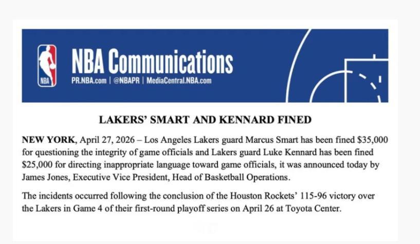 今天，NBA篮球运营执行副总裁兼主管詹姆斯-琼斯，正式宣布了处罚通知。洛杉矶湖人