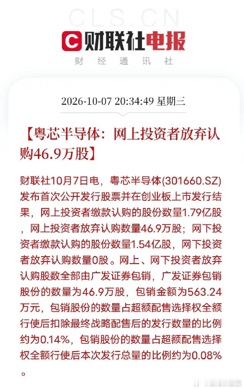 粤芯半导体披露IPO发行结果，网上投资者弃购股份46.9万股，该部分股份由主承销