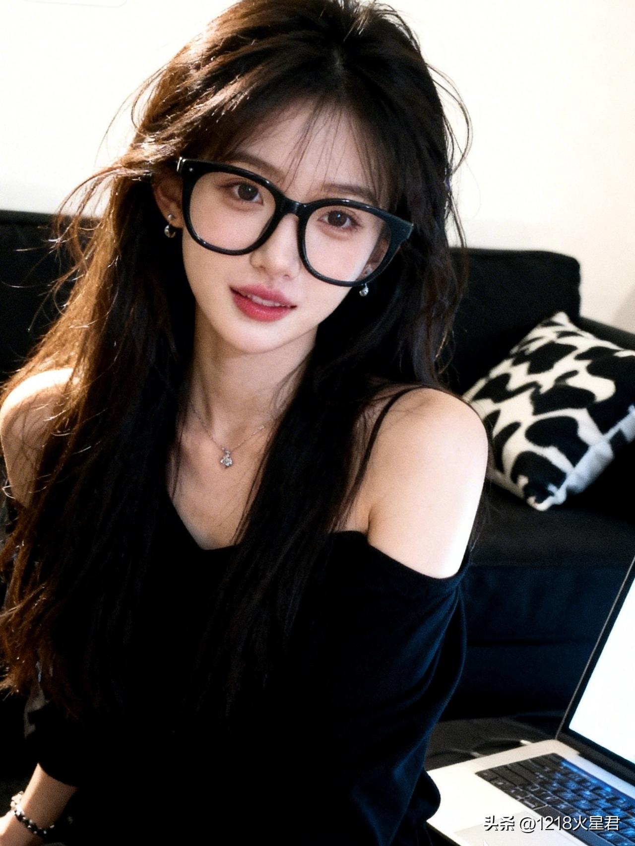 元气少女，黑框眼镜，甜美笑容，时尚穿搭