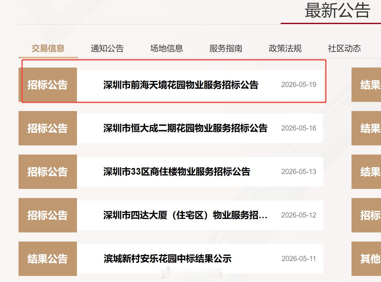 深圳前海天境准备换物业了，正在招标，物业费6元/㎡，1500多套房子。隔壁的润峯