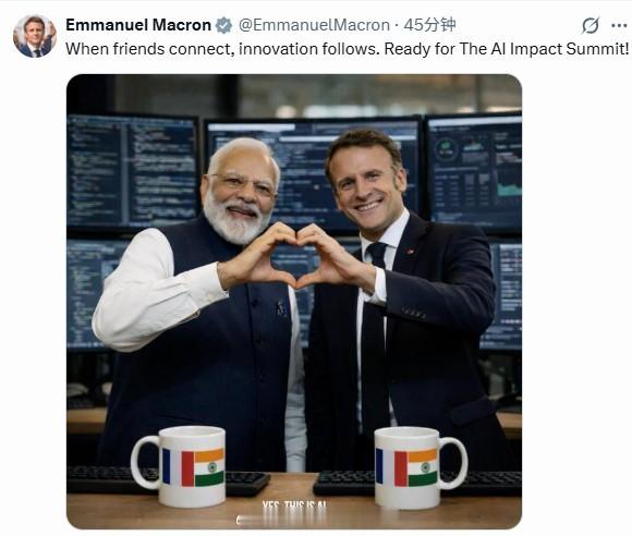 海外新鲜事 在印度访问的法国总统马克龙刚刚发推：朋友们一聚，创新就会发生。准备好