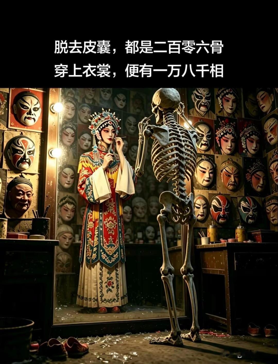 人这一辈子，不过是皮囊一场！
“脱去皮囊，都是二百零六骨，穿上衣裳，便有一万八千