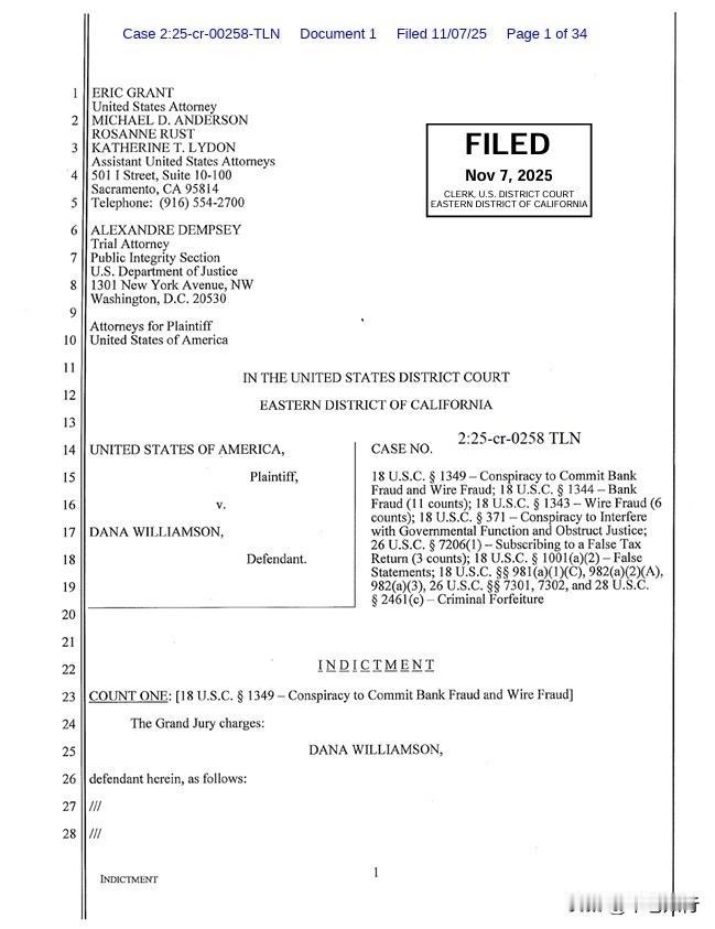 突发新闻：加州前州长加文·纽森的幕僚长达娜·威廉姆森已被联邦调查局逮捕，面临多项