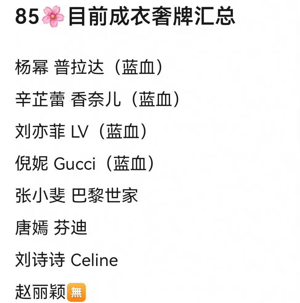 85后女演员成衣高奢汇总85花成衣高奢 众85花最新奢品成衣代言如下⬇️：杨幂P