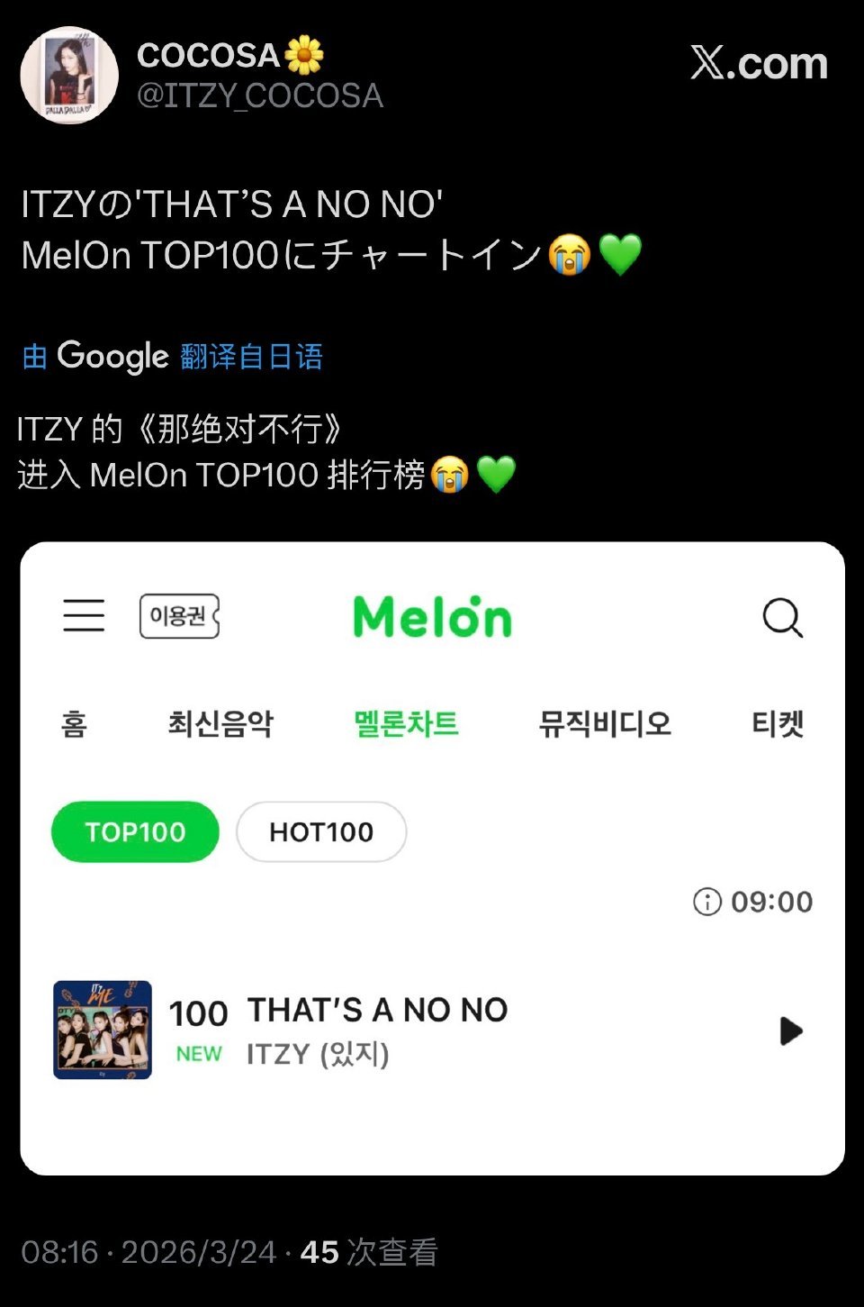 ITZY《That’s a No No》melon top100达成👏🏻首次