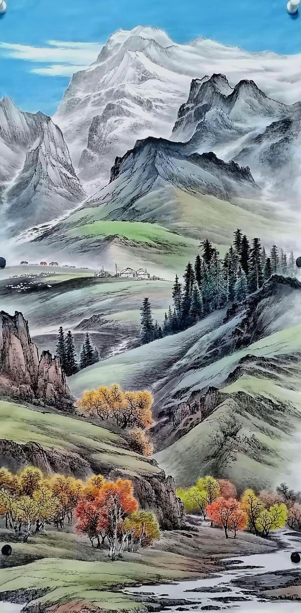 大漠金秋。国画山水创作者中心 创作灵感 手绘风景 意境山水画