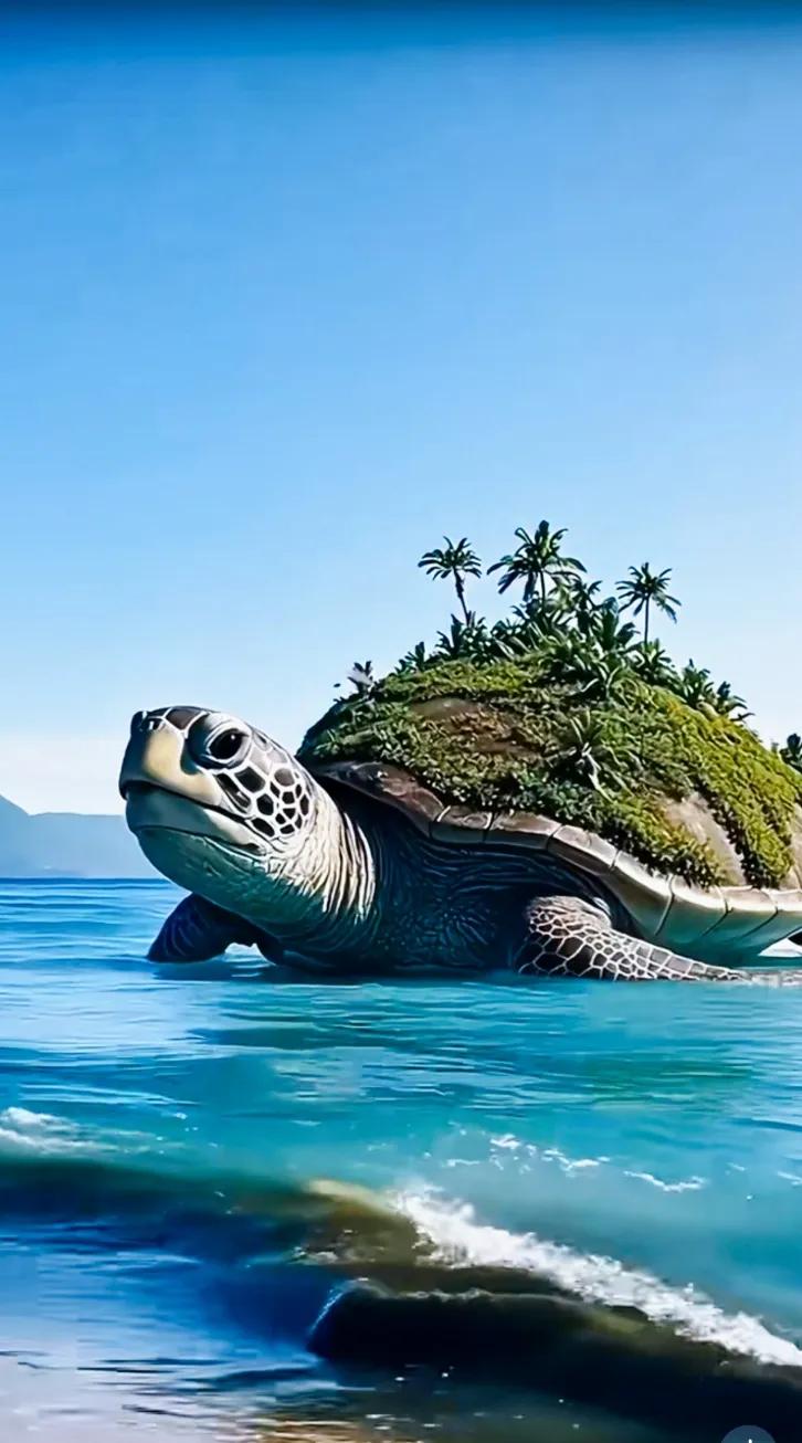 “海洋中的绿洲，海龟的乐园”🐢🌴🌊创意风景图片。 我想象中的海