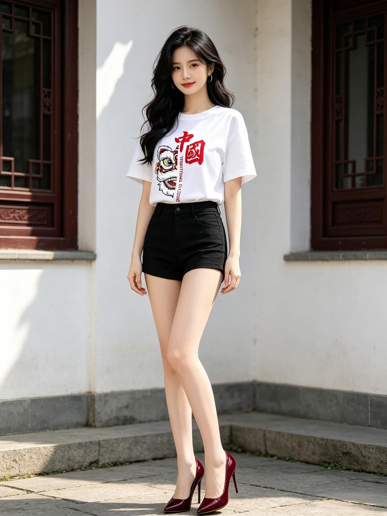中国风T恤配高跟，古韵与现代碰撞，她转身的瞬间，美得让人屏息