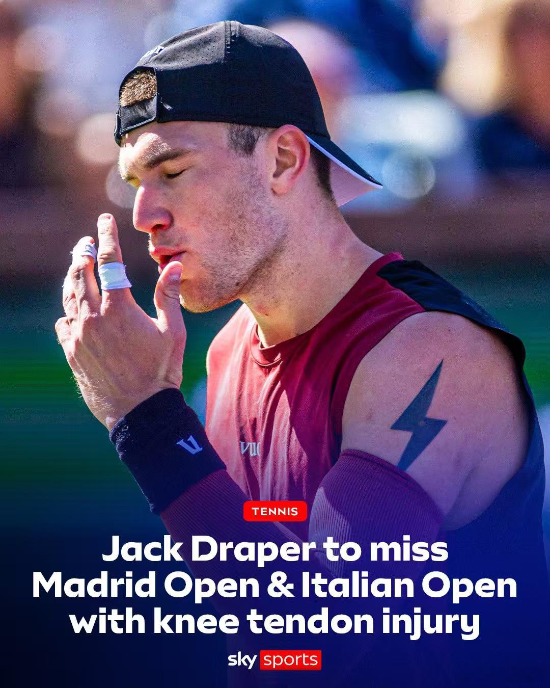 在德约和阿卡宣布退出罗马之前，先发布一则球员背靠背退赛消息:德雷珀由于膝盖肌腱伤