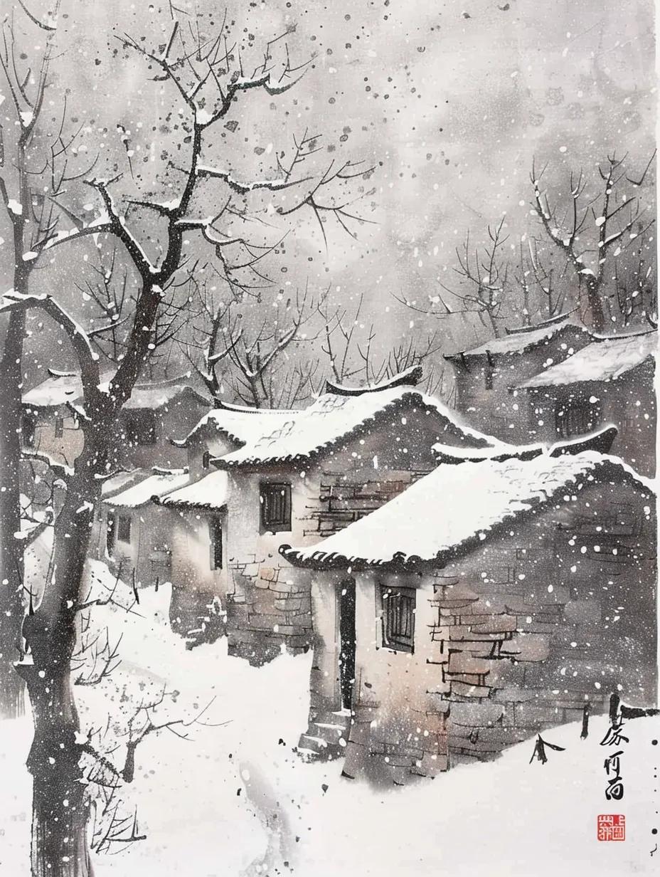 冬日雪景，古朴村庄，宁静祥和 ……