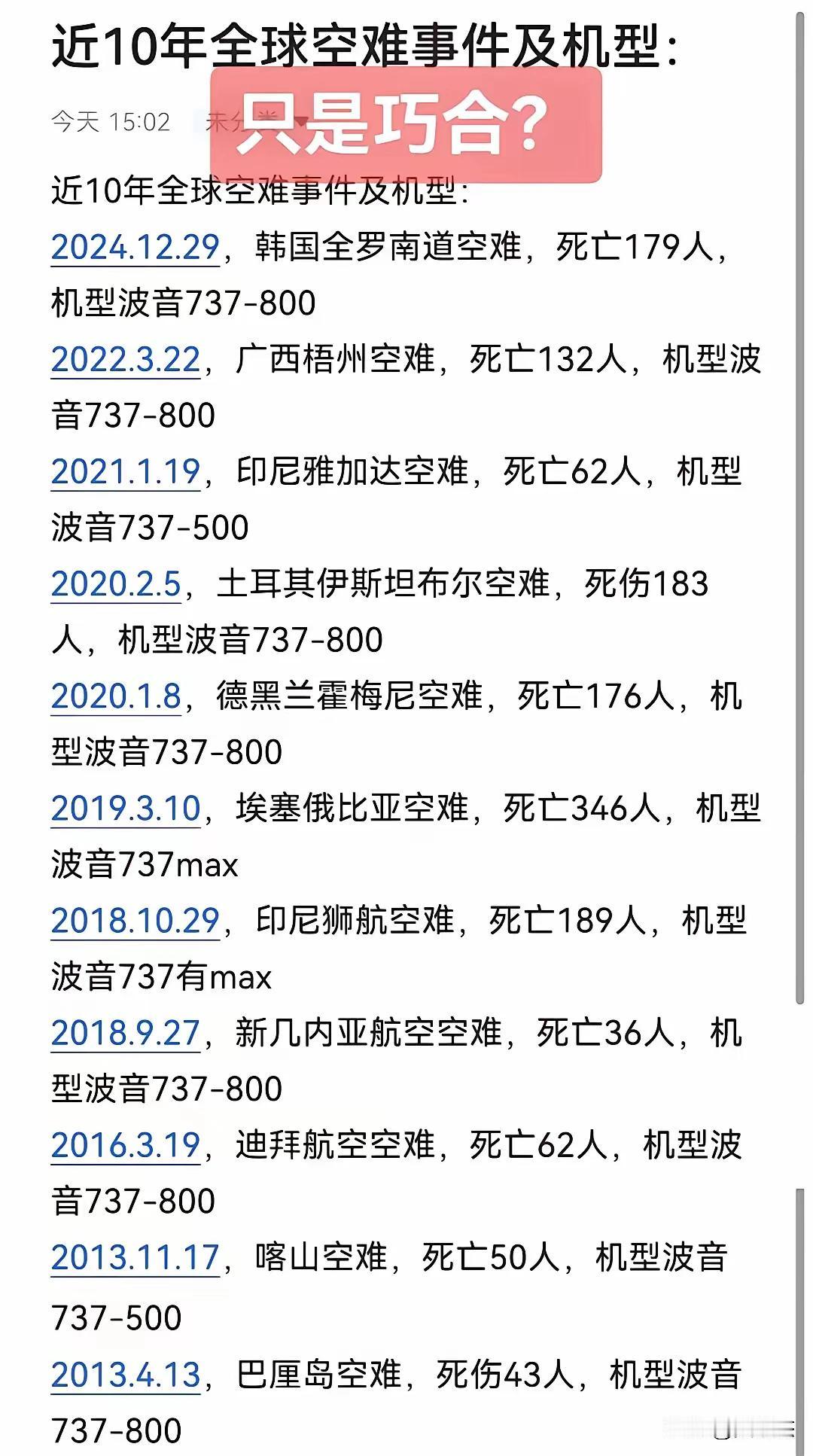 这难道只是巧合吗？近十年全球航空事件好多737-800。欢迎大家留言文明交流！