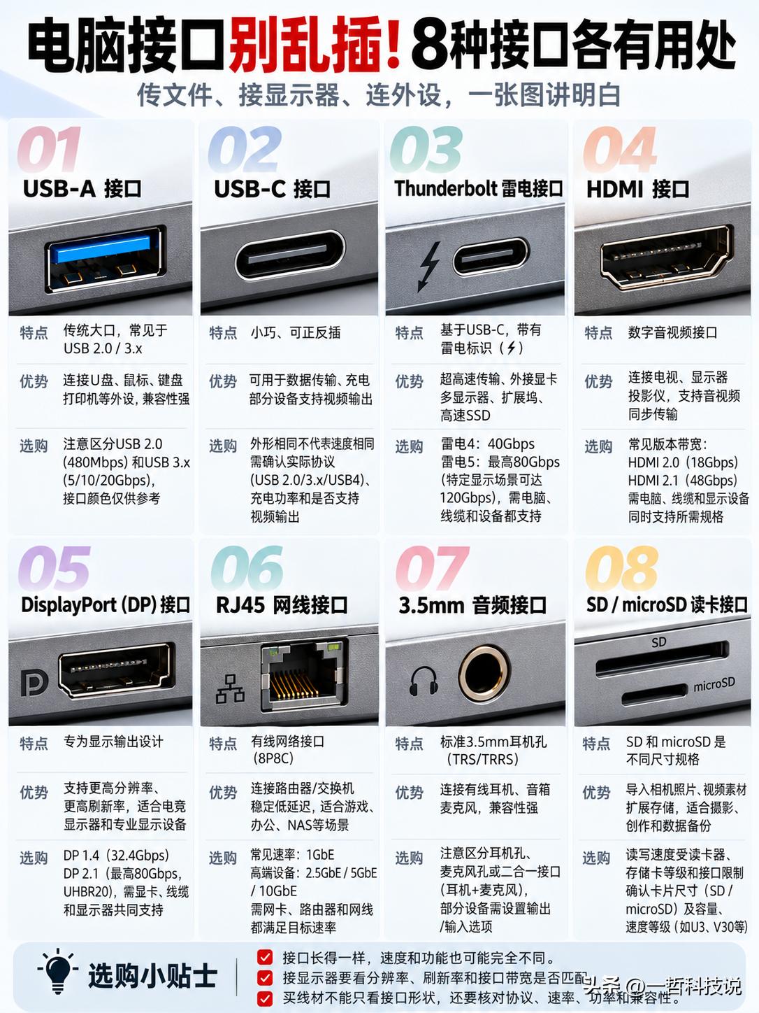 一图看懂8种电脑常见接口，建议收藏！

现在的笔记本电脑、台式机，接口种类越来越