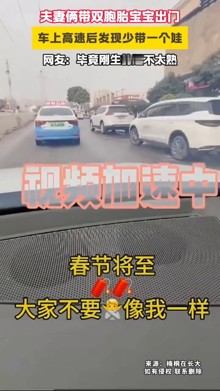 夫妻俩带双胞胎宝宝出门，车上高速后发现少带一个娃。网友：毕竟刚生的还不太熟。
楠
