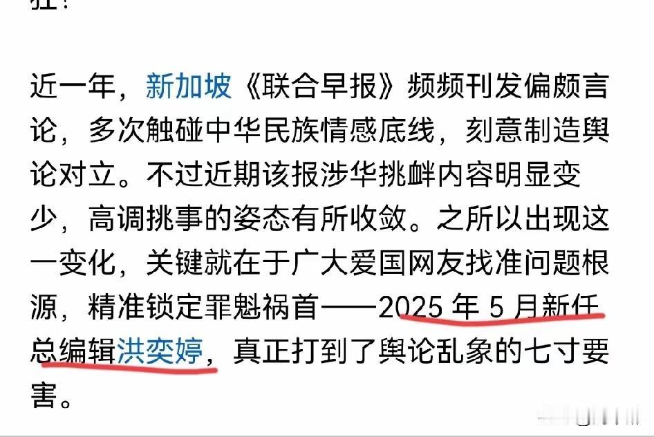 新加坡《联合早报》制造與论对立、触碰民族情感底线，罪魁祸首是洪奕婷？
事实上，《