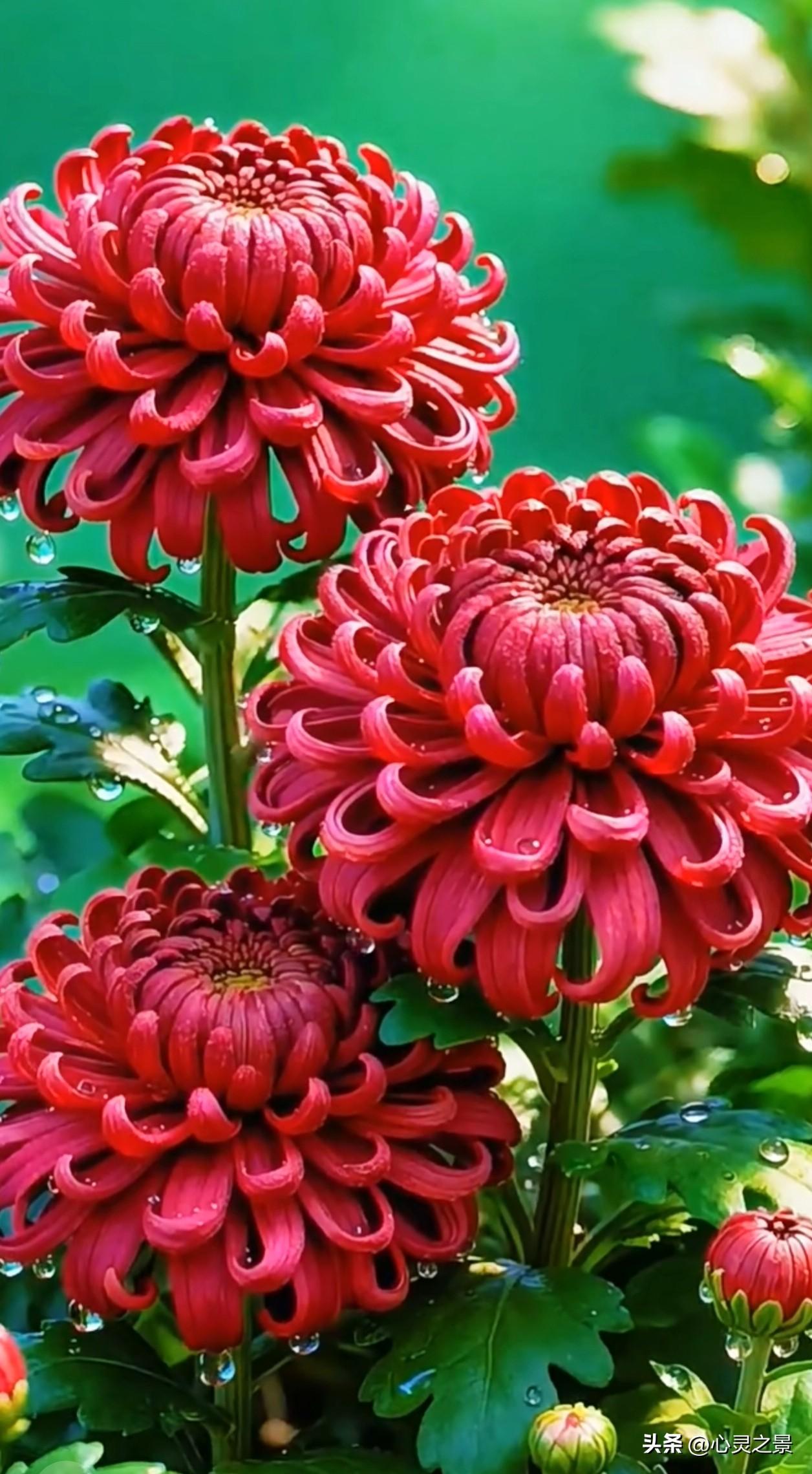 深红浓烈、彩菊绚烂、红白相间，各色秋菊缀满透亮水珠，卷曲花瓣层层舒展，各有风姿，
