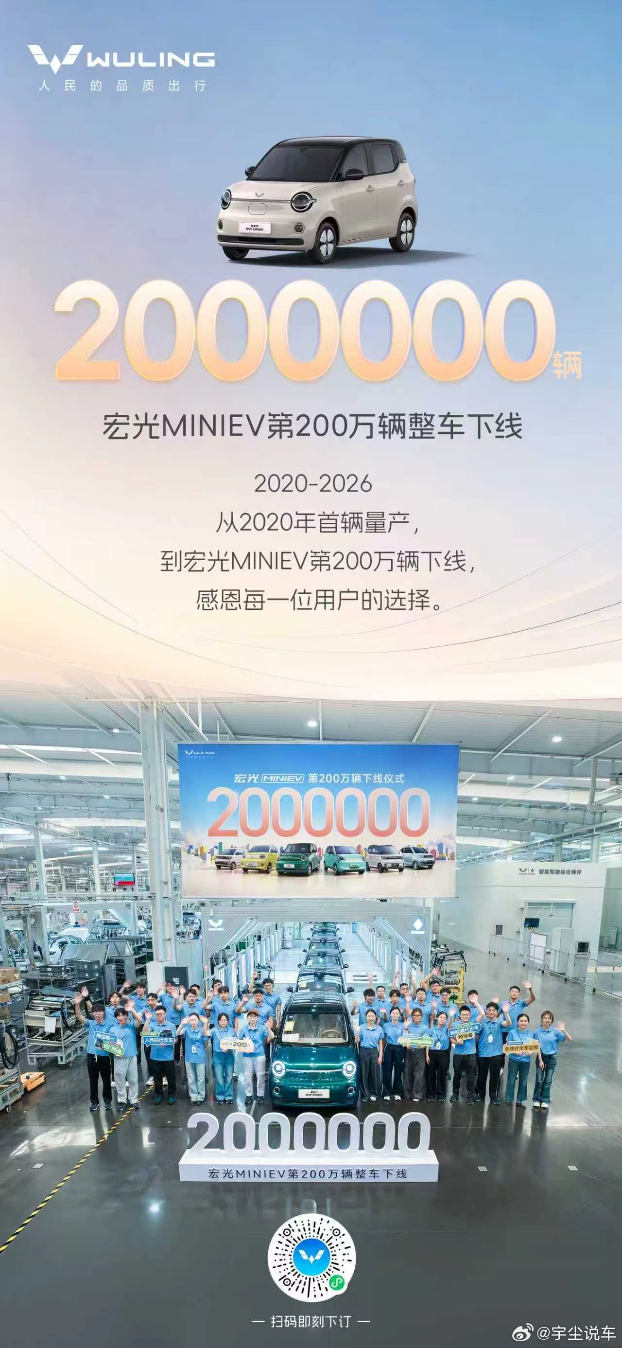 宏光MINIEV第200万辆整车下线 是人民的代步车，也是新能源代步车领导者！立