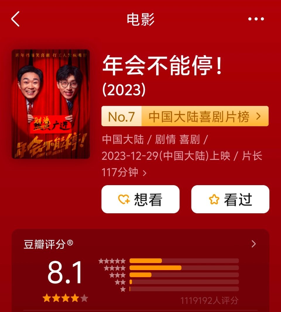 年会不能停1豆瓣评分8.1，111.9w人评分年会不能停2豆瓣评分7.0，5.1