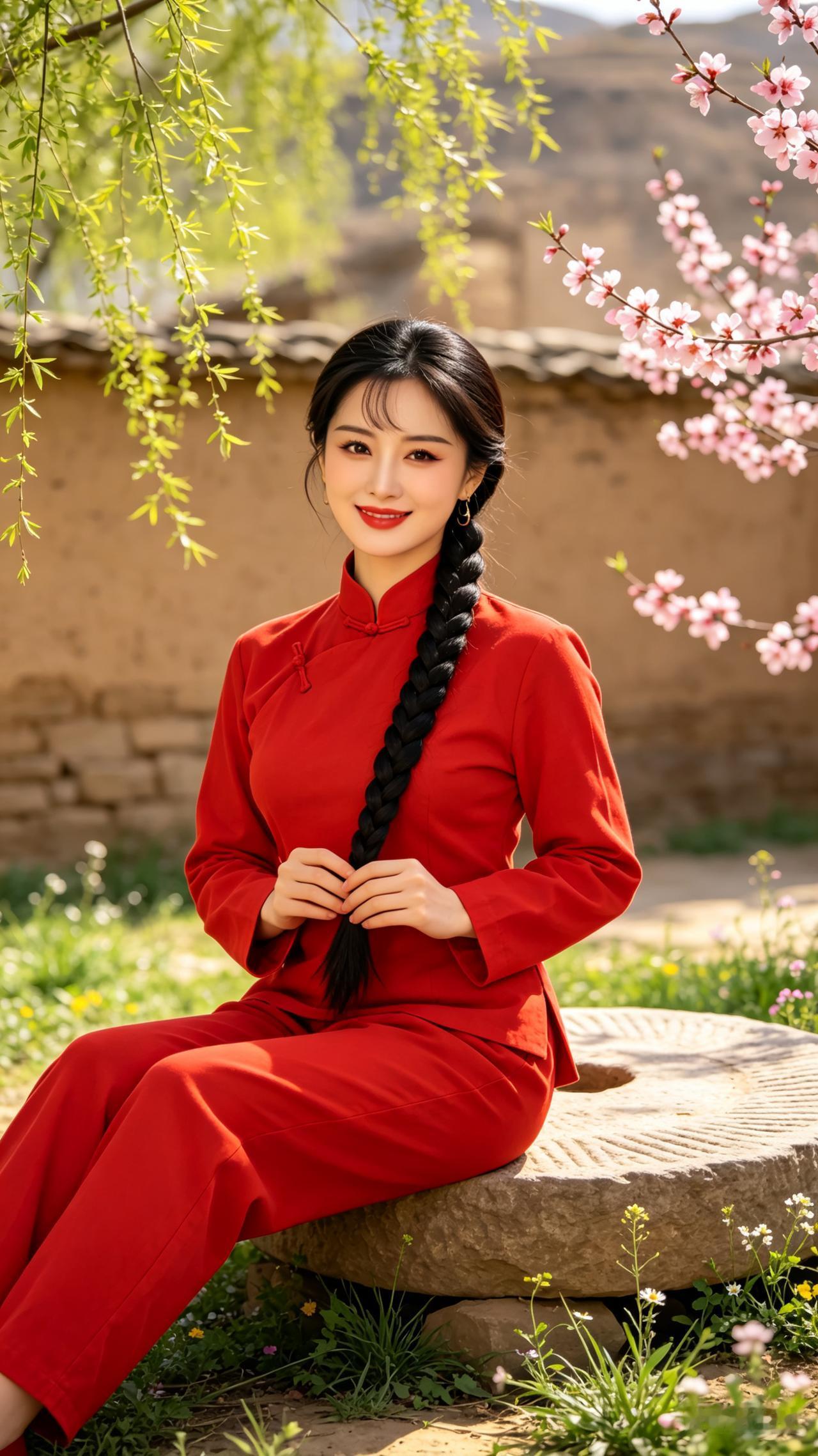 陕北大美女温柔浅笑，长独辫垂于胸前，妆容精致，身段姣好。身着大红色中式立领上衣配