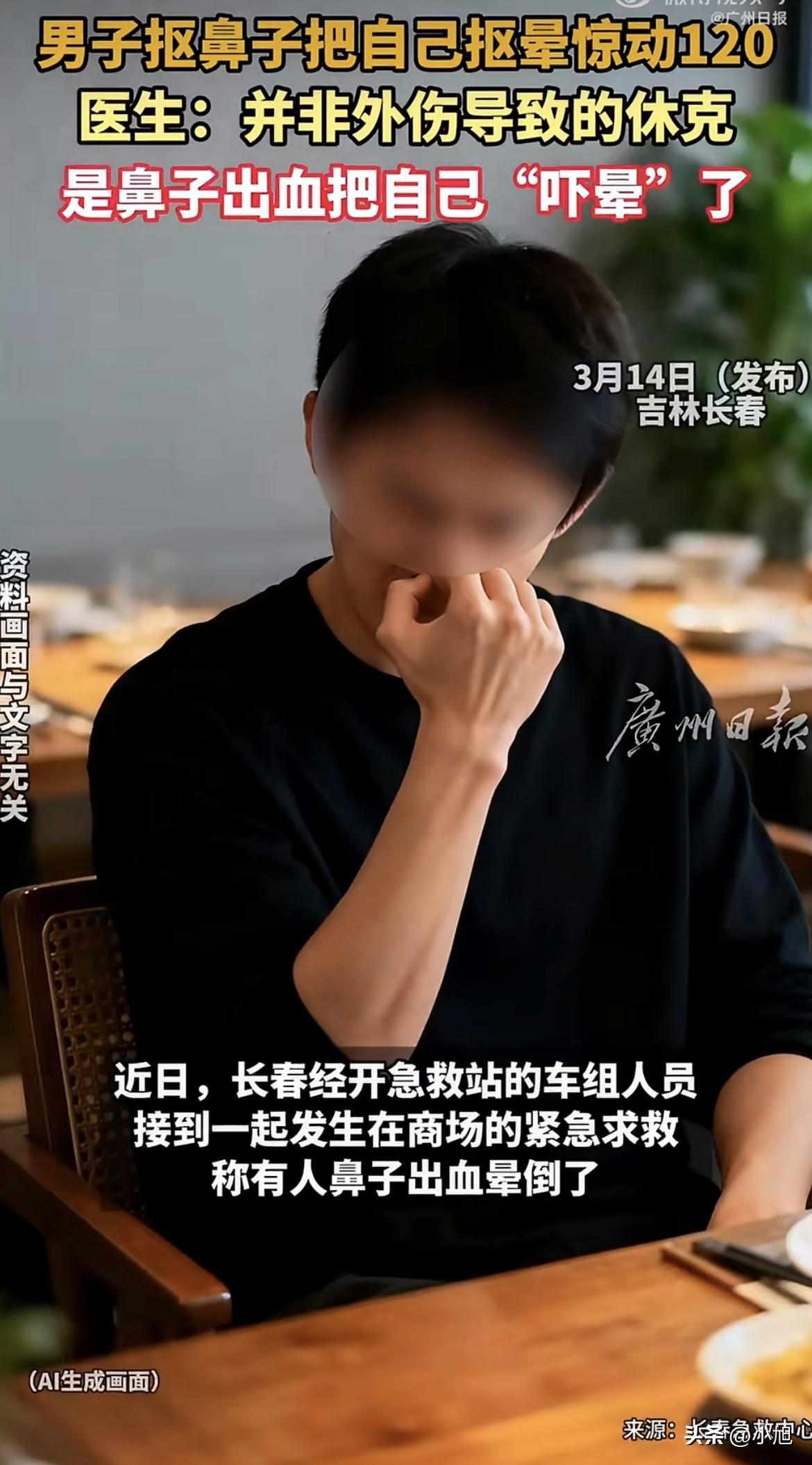 长春一家商场餐厅，中午正是人多的时候。一个小伙子坐在那儿吃饭，手指伸进鼻子里抠了