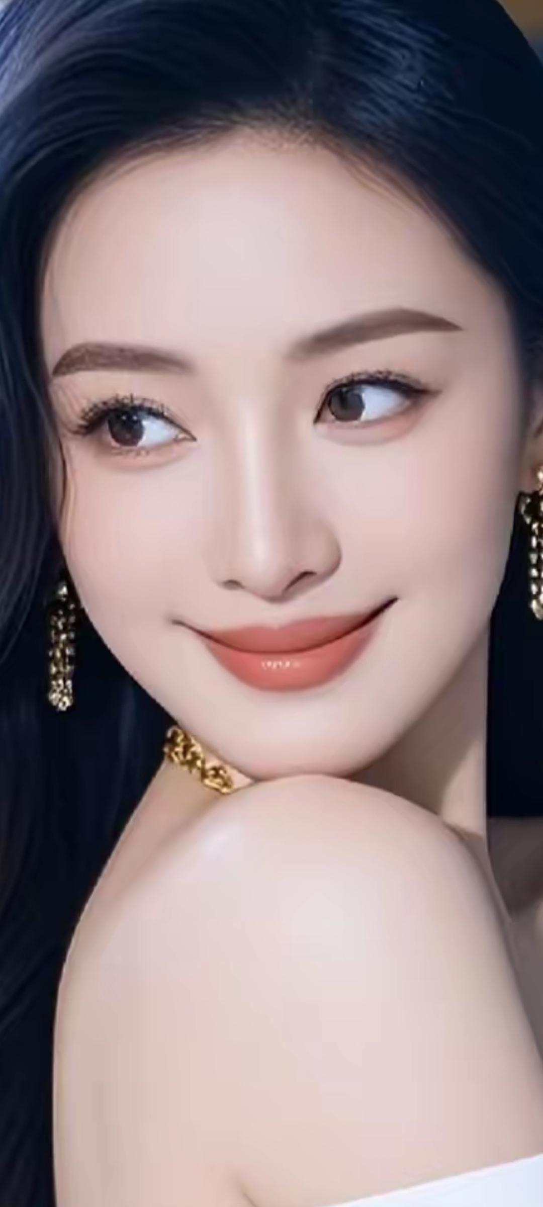 优雅黑发，金饰闪耀，甜美笑容，气质迷人