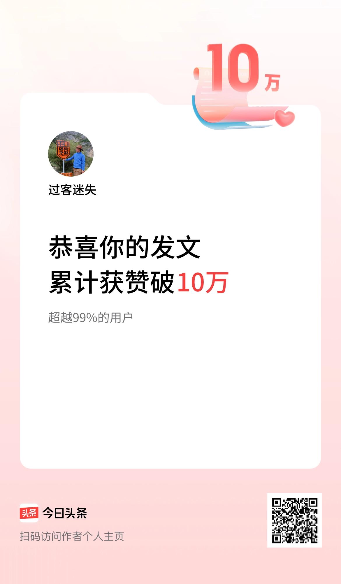 我在头条累计获赞量破10万啦！