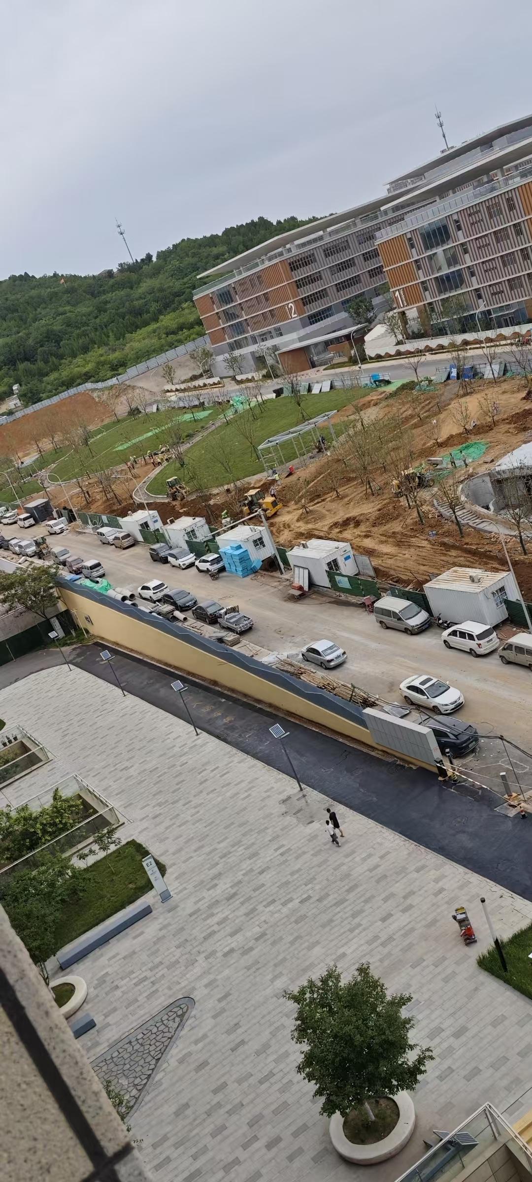 济南东部历下区长岭山片区绿化大道北段今天看已经铺了部分草皮了，东边的历山双语也已