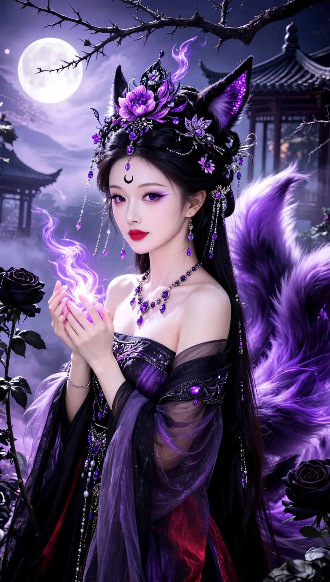 AI紫焰狐妖古风照 月下玄狐 ai狐仙魅影 梦幻狐仙造型 国风狐妖