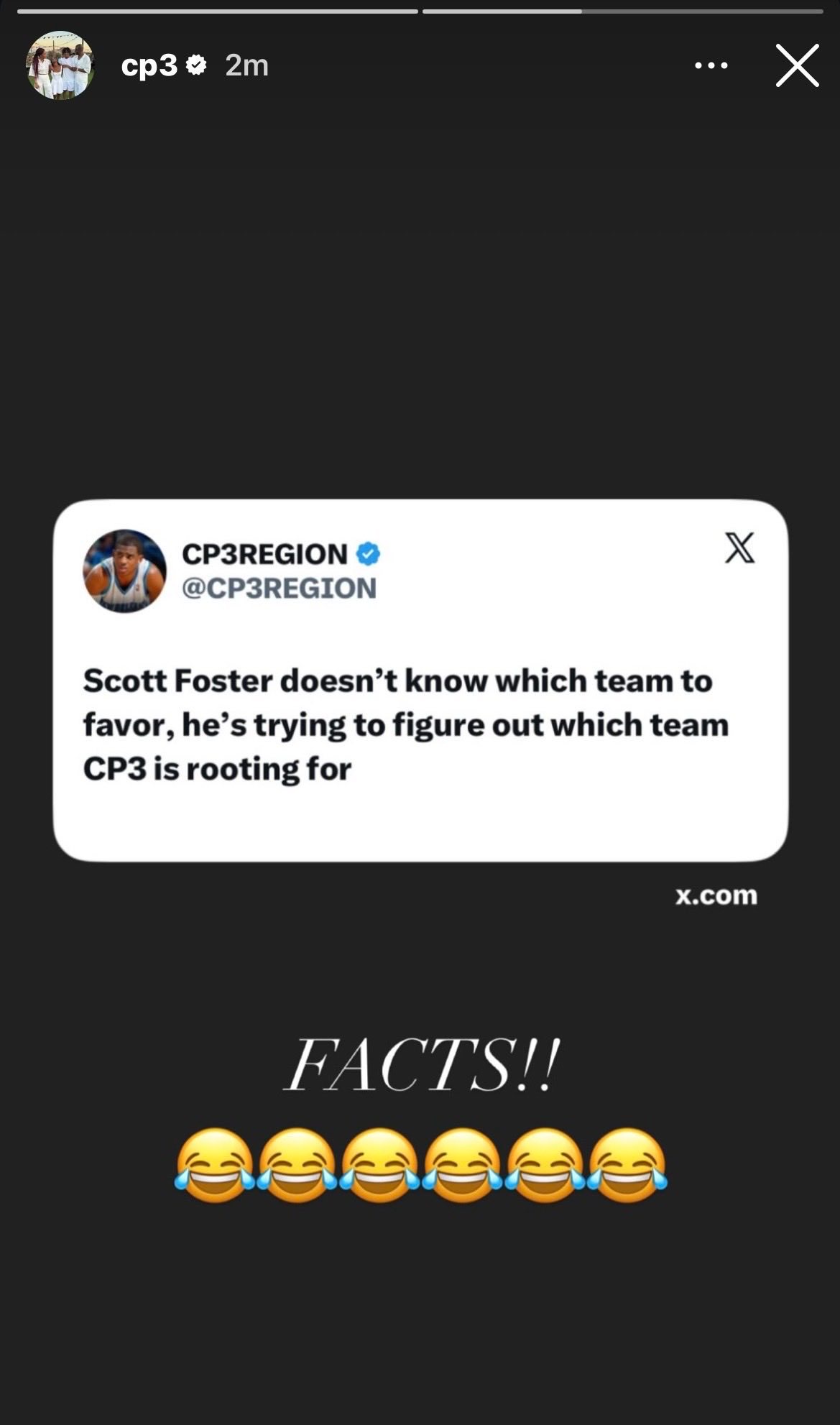 NBA  账号CP3REGION表示：福斯特根本不知道该偏袒哪支球队，他正拼命琢