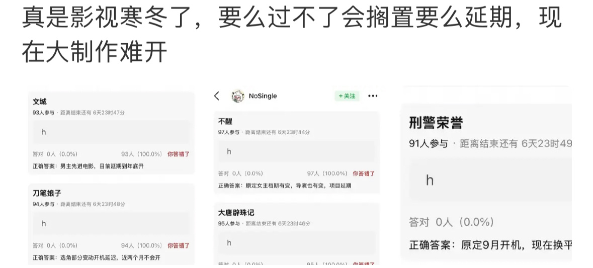 影视寒冬 进组难影视寒冬，平台和资方对巨额制作费的项目已极度谨慎，如果没有明确的