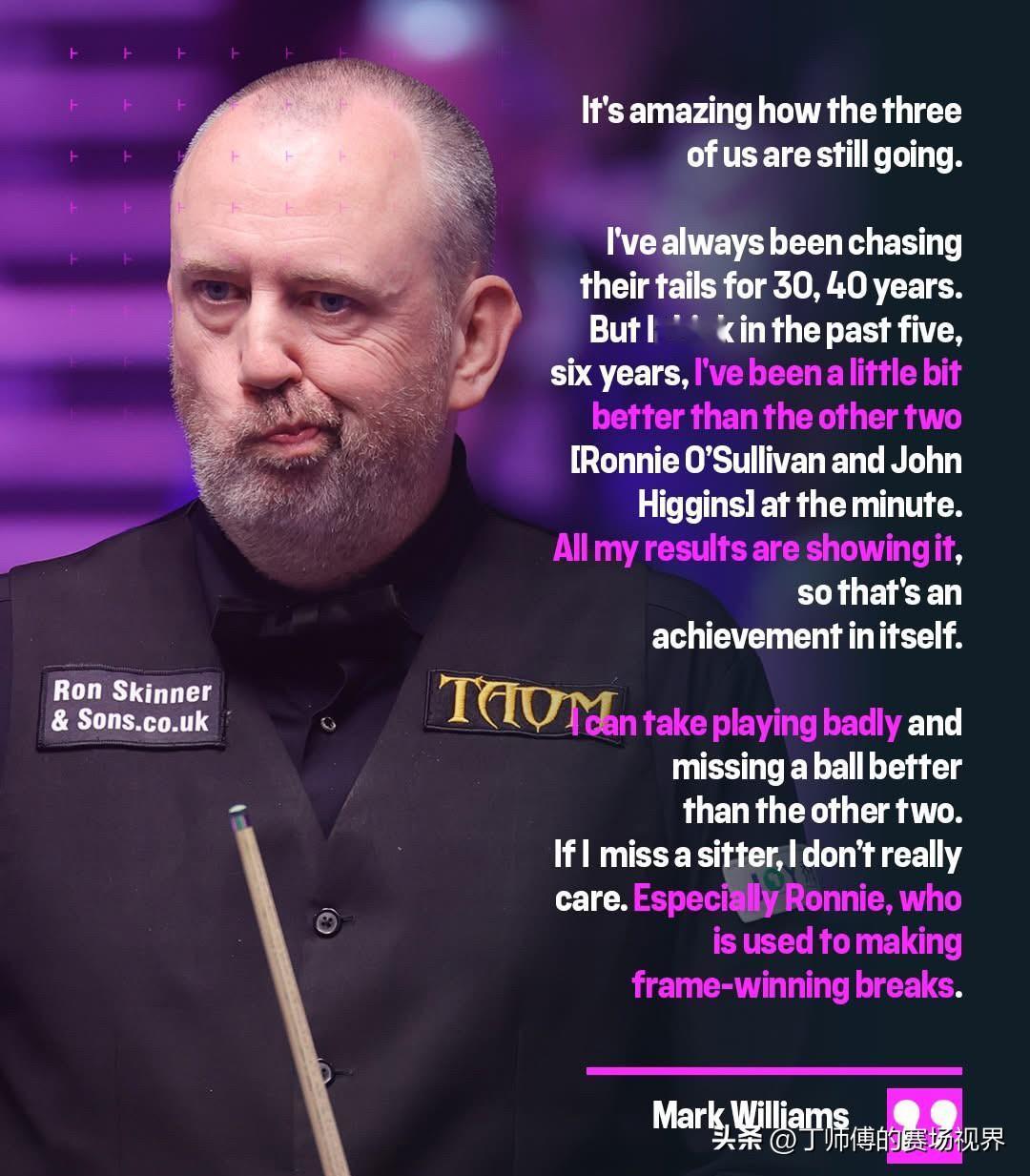 马克·威廉姆斯近日公开表示，他比奥沙利文和希金斯“更胜一筹”，并解释了他认为92